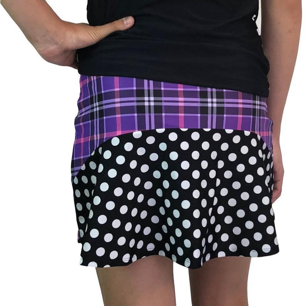 Purple Plaid w/ Polka Dots Athletic Flutter Golf, Running, Tennis Skort w/ pockets- Golf Skirt - Smash Dandy