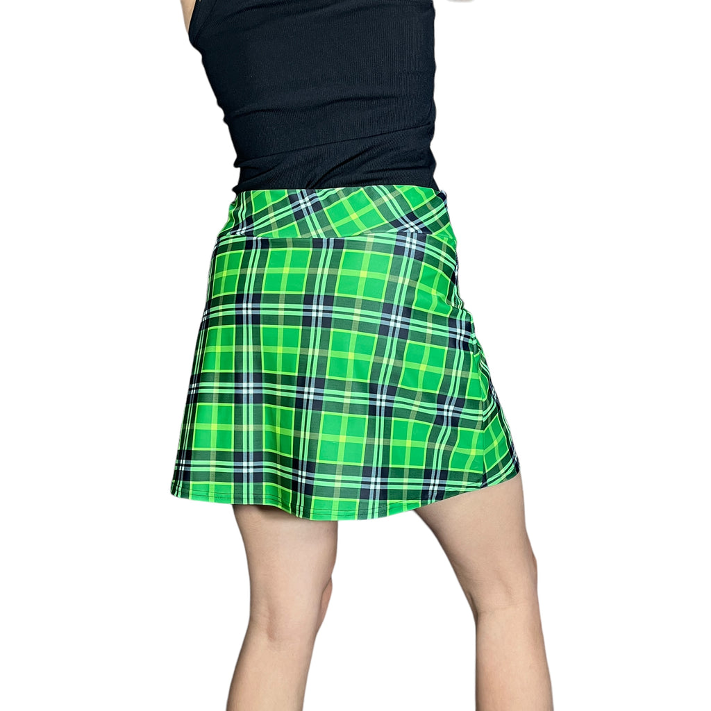 Green Plaid Print Athletic Slim Golf Skort w/ Shorts & Pockets - Tennis or Pickleball Skirt - Smash Dandy
