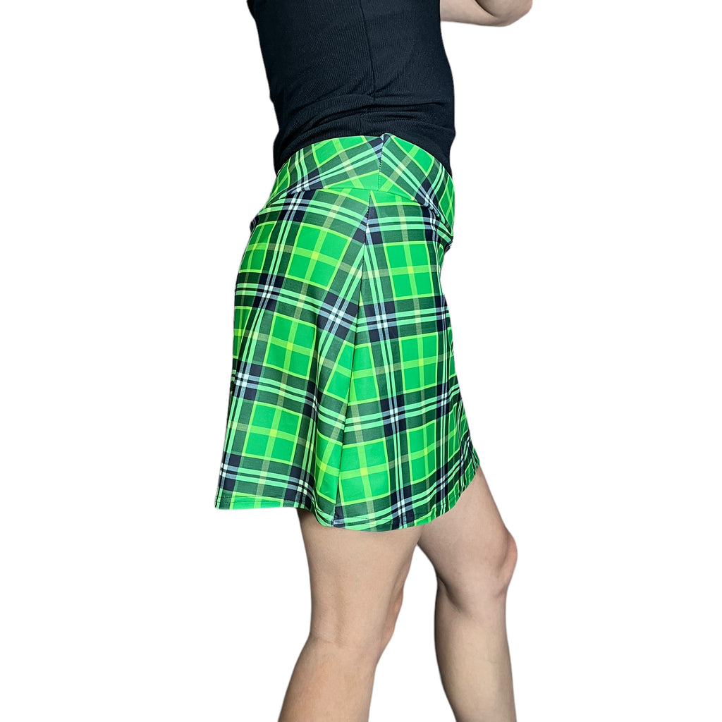 Green Plaid Print Athletic Slim Golf Skort w/ Shorts & Pockets - Tennis or Pickleball Skirt - Smash Dandy