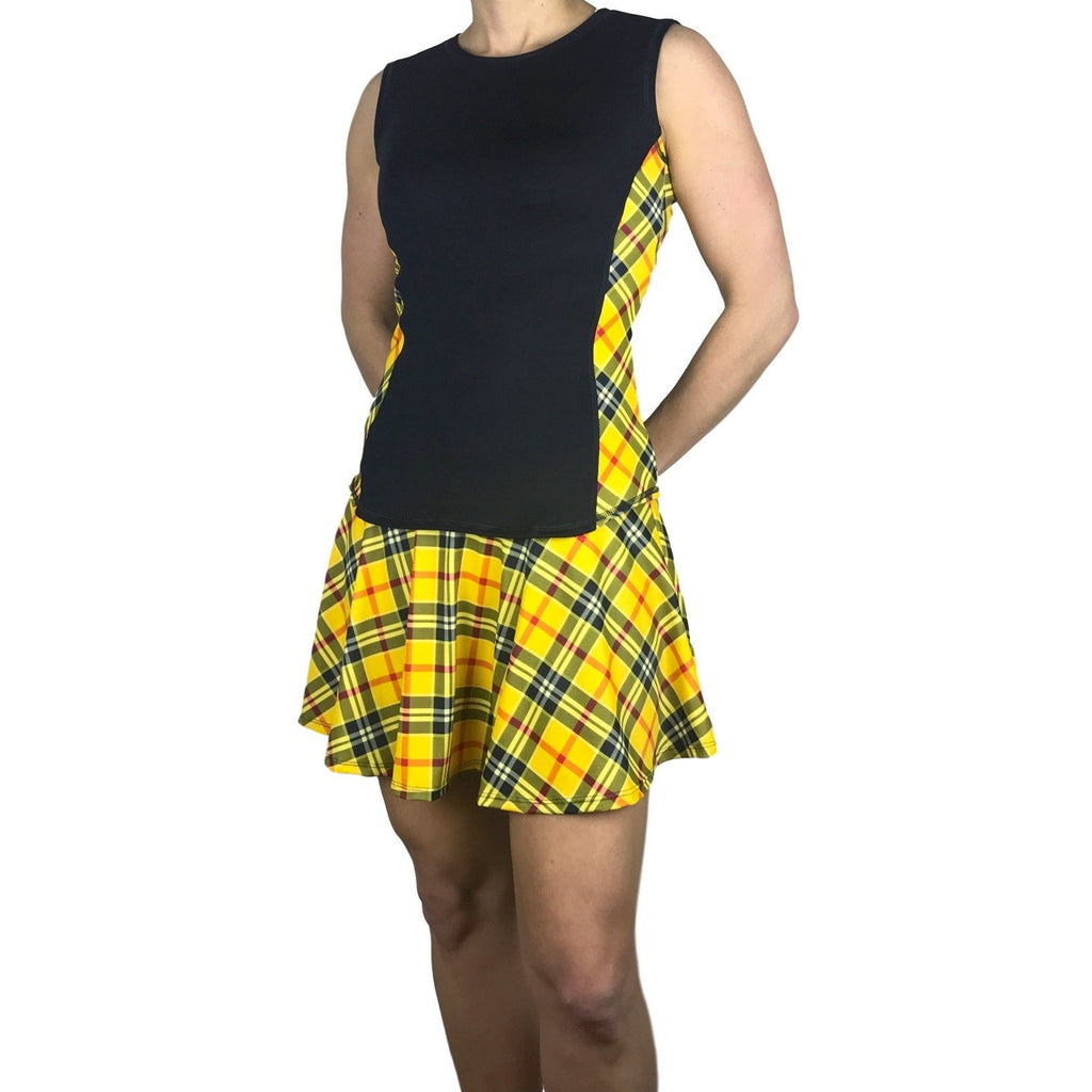 Yellow Plaid Women's Athletic Outfit- Athletic Oufit, Running Outfit, Golf Apparel, Tennis Outfit Skirt w/ built in compression shorts - Smash Dandy