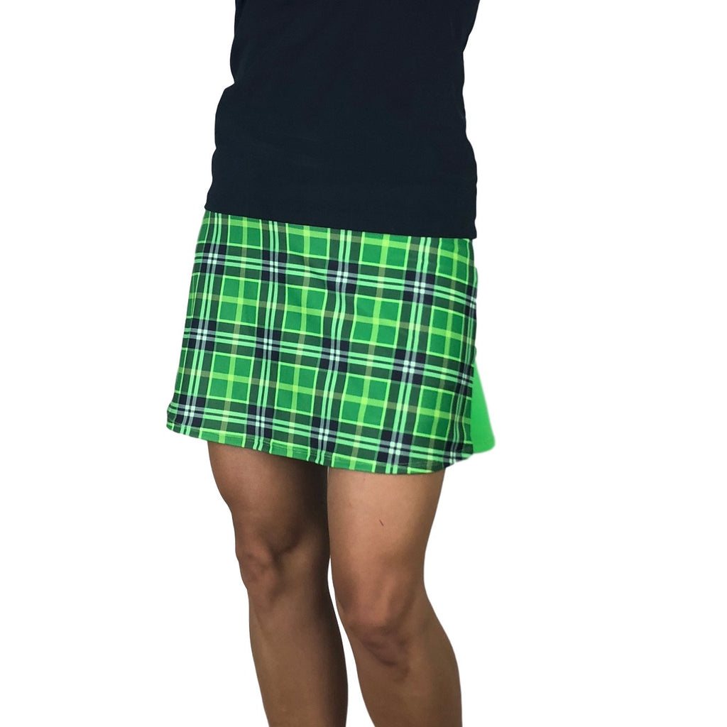 Green Plaid w/ Green Athletic Flutter Golf, Running, Tennis Skort w/ pockets- Golf Skirt - Smash Dandy