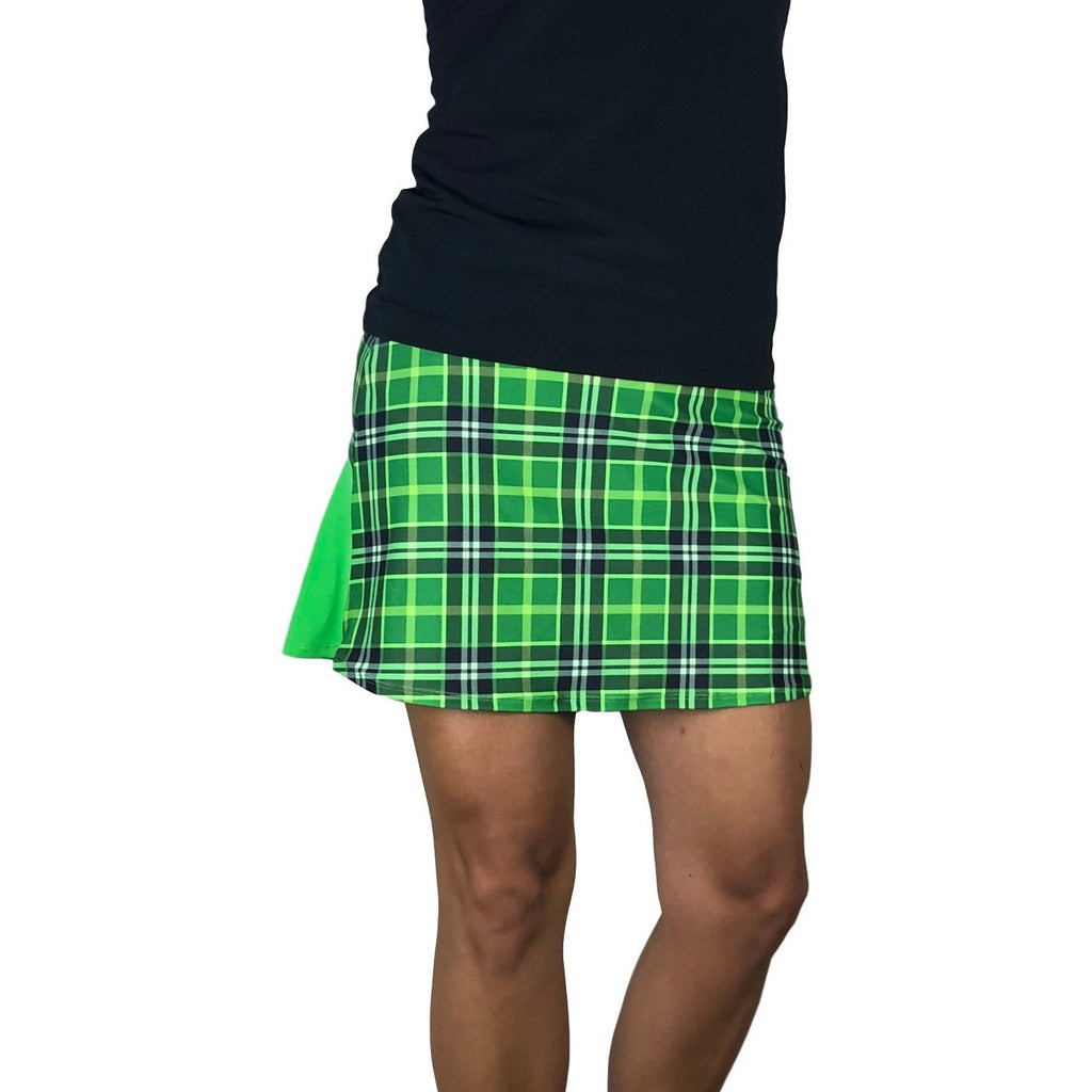 Green Plaid w/ Green Athletic Flutter Golf, Running, Tennis Skort w/ pockets- Golf Skirt - Smash Dandy