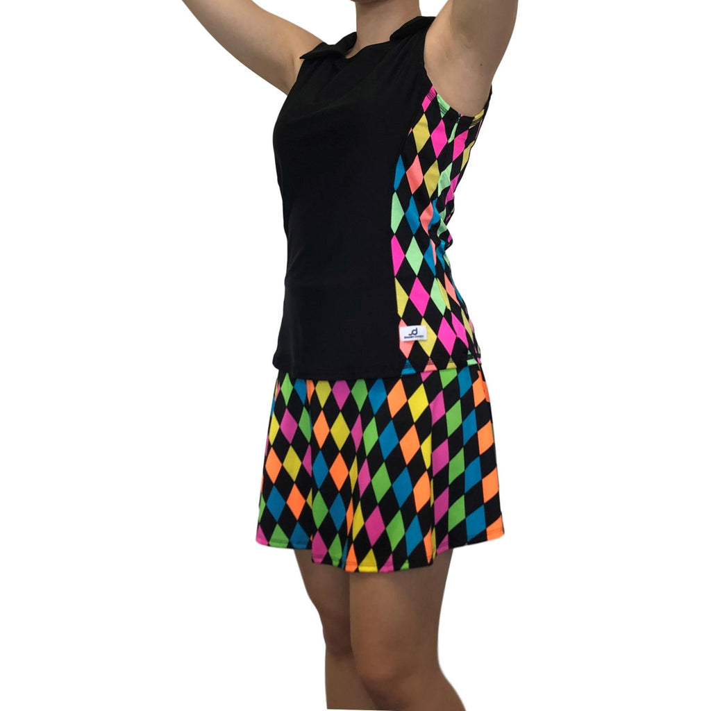 Neon Diamond Athletic Golf Outfit- Athletic Collared Shirt, Golf Apparel, Tennis Outfit Skirt w/ built in compression shorts - Smash Dandy